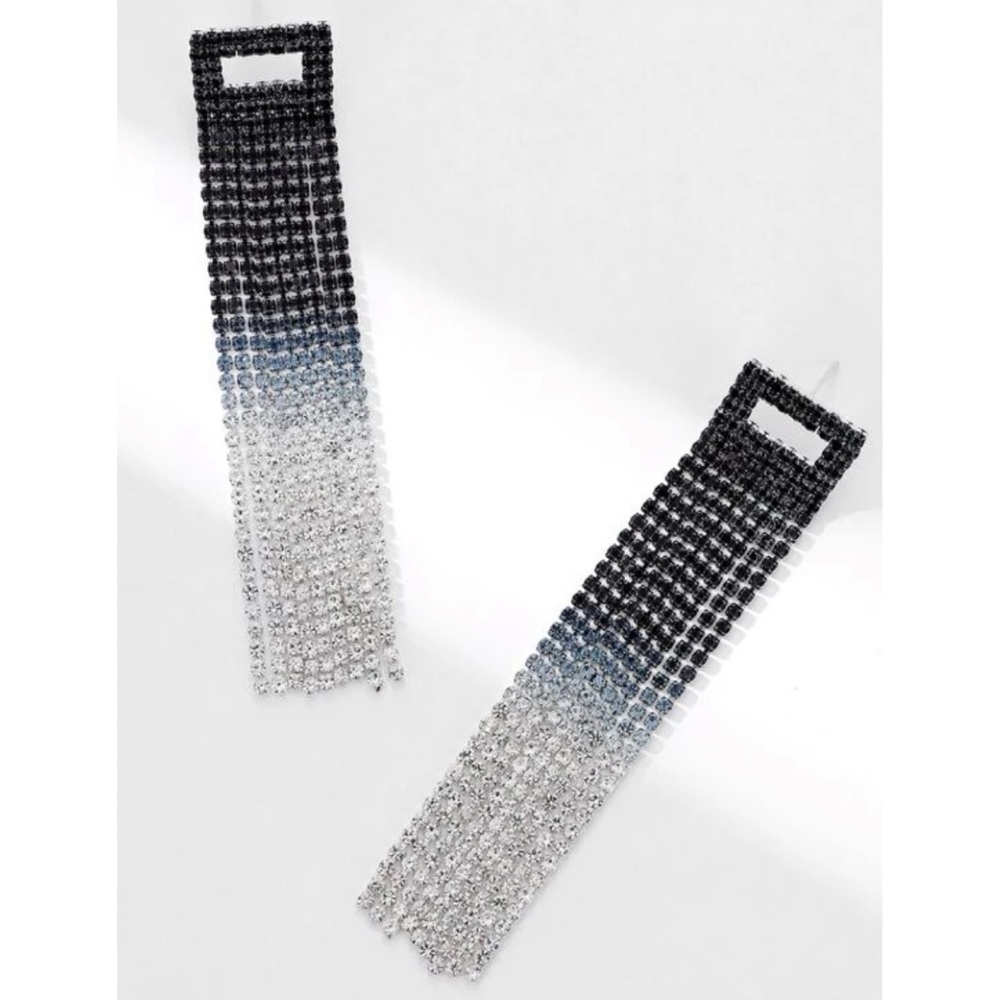 Black & silver ombré rhinestone tassel drop earrings